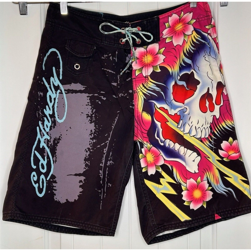 ED HARDY Pink Skull BOARD SHORTS RARE MENS SIZE 33